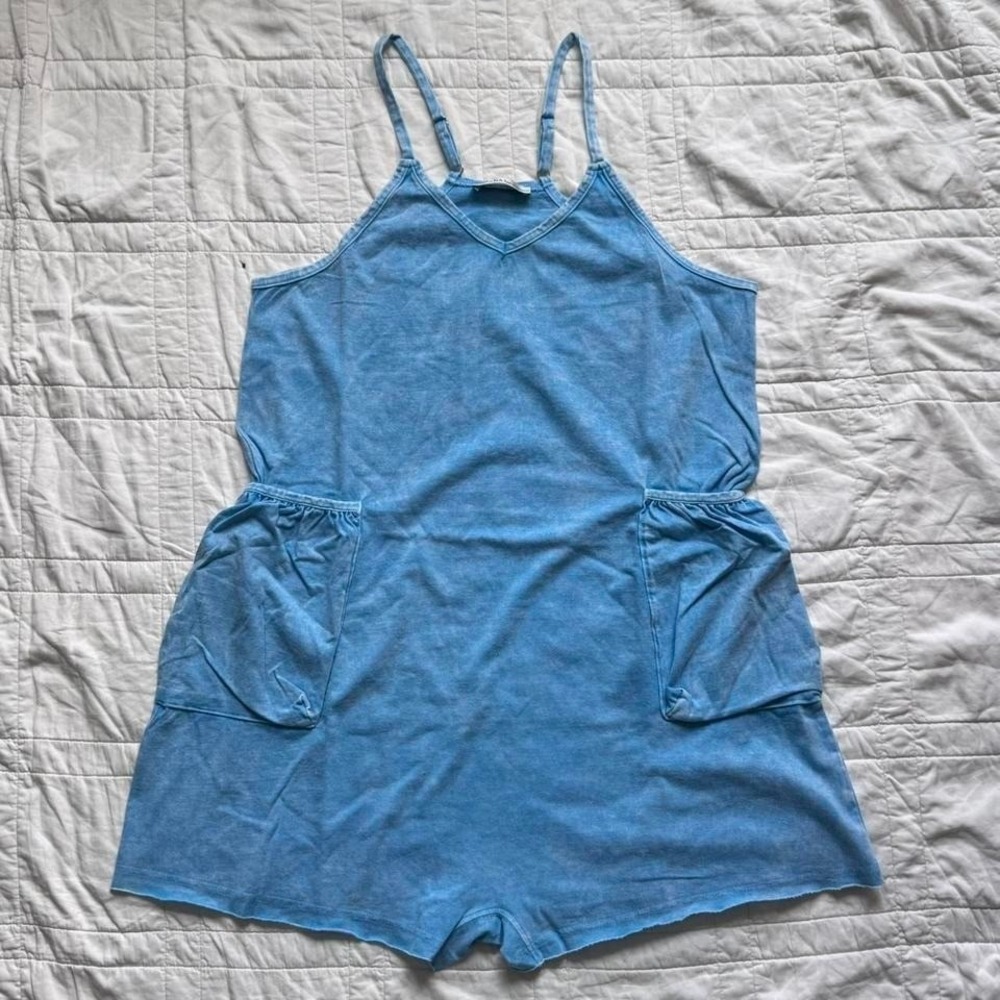 Zenana womens S Strappy acid wash‎ romper Lightweight Pockets dopamine resort